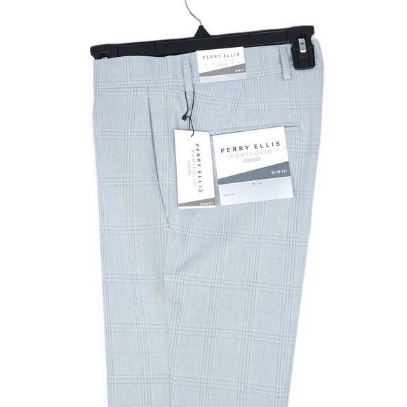 Perry Ellis Men's Slim-Fit Lightweight Dress Pants Light Grey Plaid 34x34 NWT